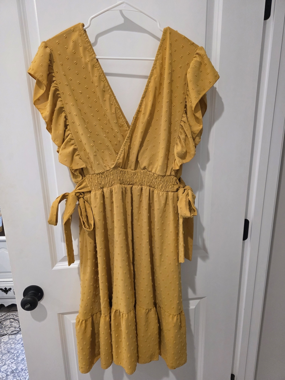 Mustard Yellow Ruffle V-Neck Midi Dress